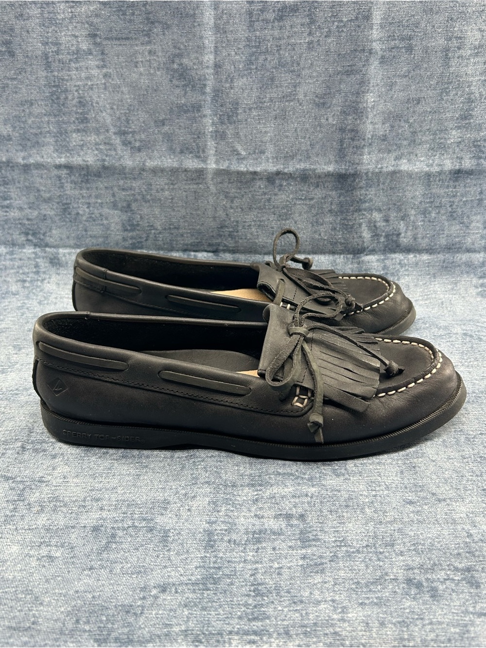 Sperry fringe kiltie boat shoes loafers leather 9M black preppy Ivy League women